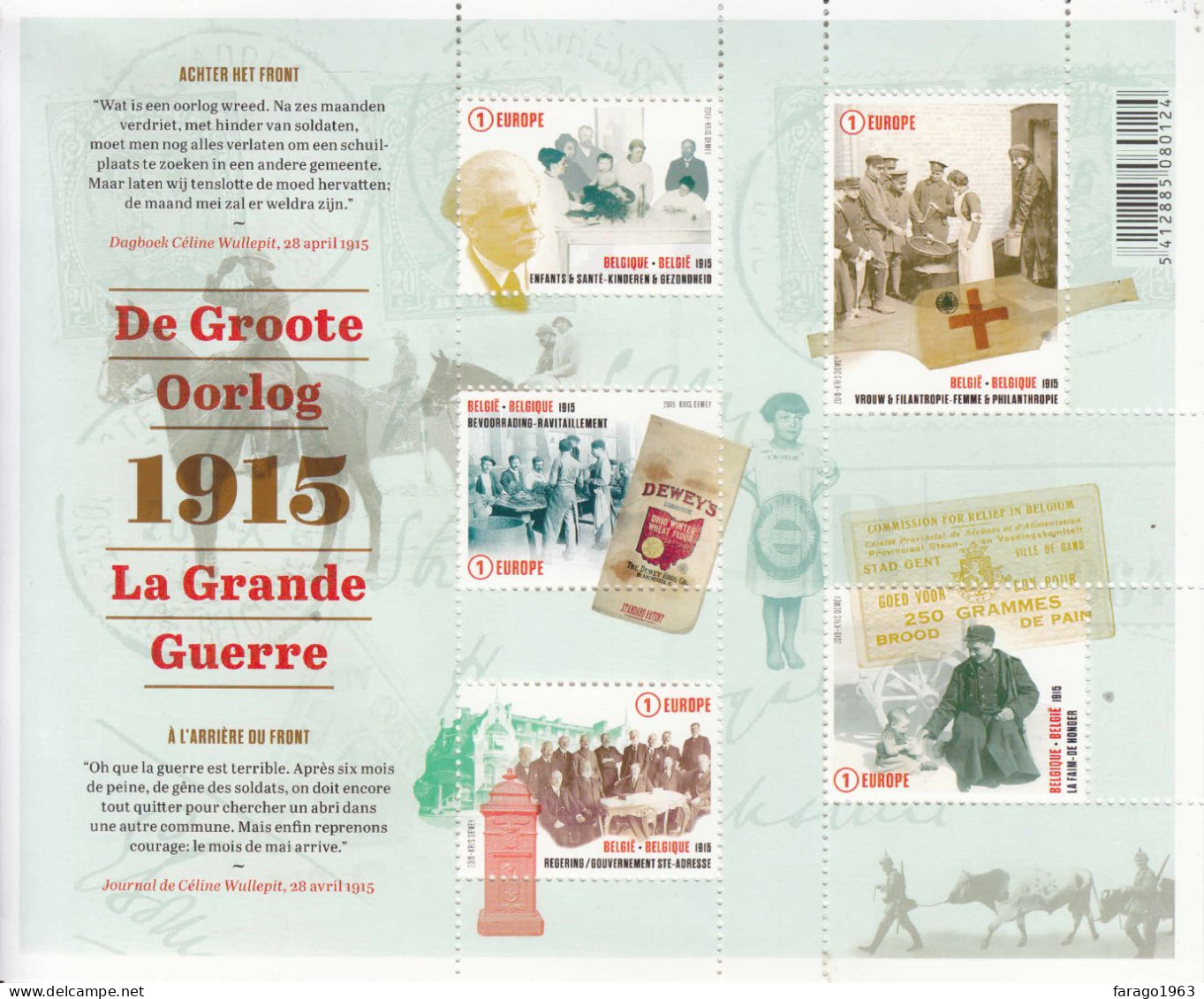 2015 Belgium WWI Grande Guerre Military Health Children Miniature Sheet Of 5  MNH @ BELOW FACE VALUE - Ungebraucht
