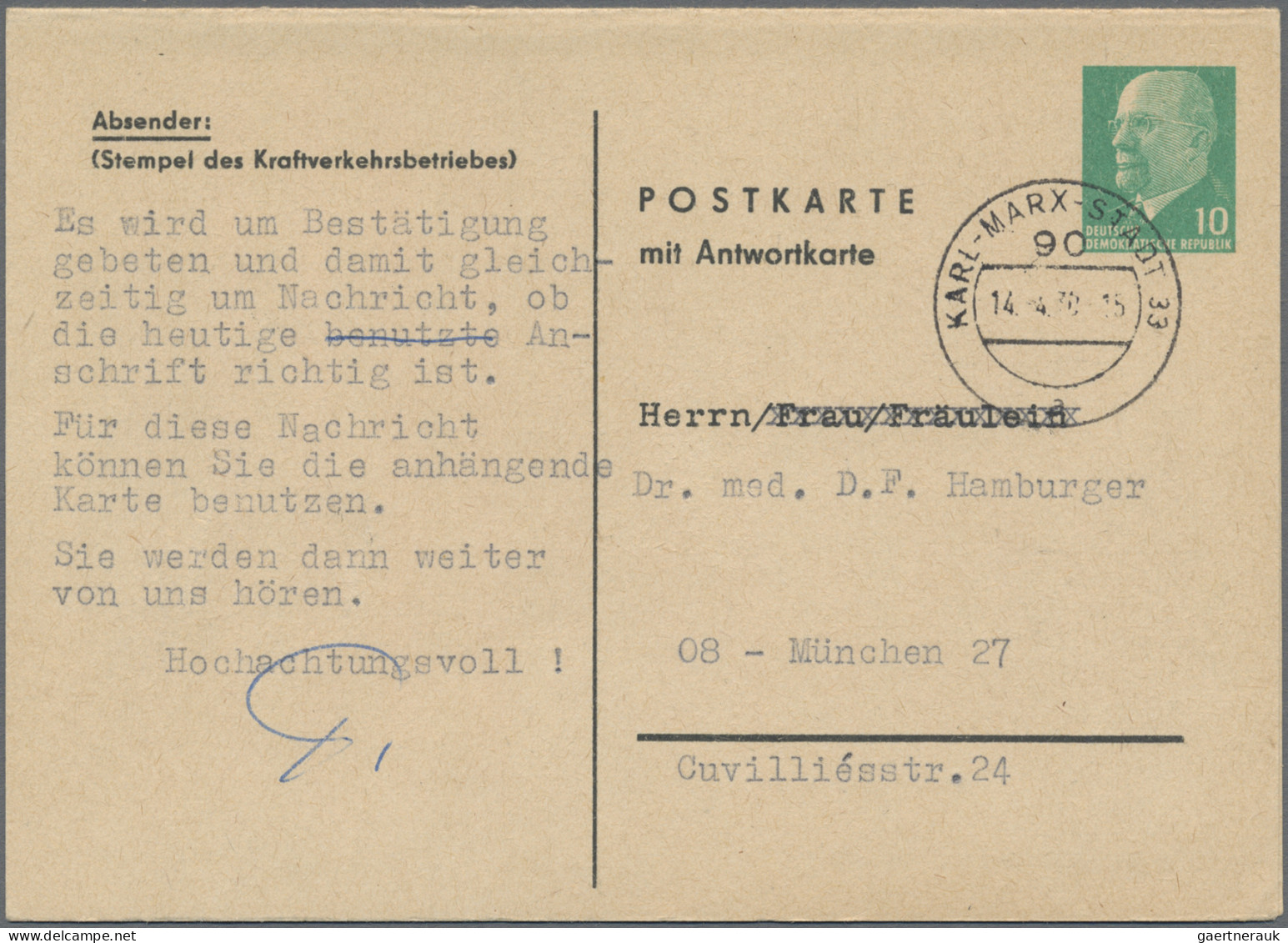 DDR - Privatganzsachen: 1968/1972, Privatganzsachen-Doppelkarte 10+10 Pfg. Ulbri - Otros & Sin Clasificación