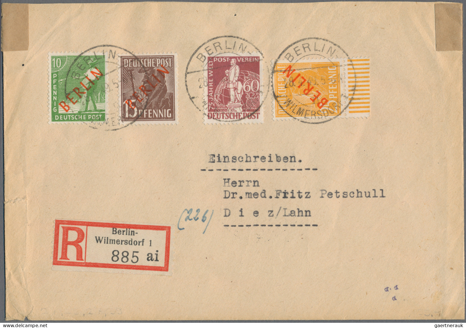 Berlin: 1949, Partie Von 14 Briefen Mit Frankaturen Rotaufdruck, Dabei Mischfran - Lettres & Documents