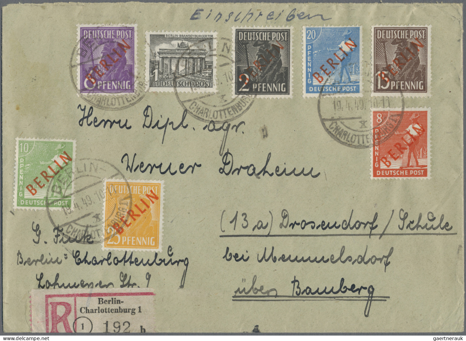 Berlin: 1949, Partie Von 14 Briefen/Karten Mit Frankaturen Rotaufdruck, Dabei Mi - Lettres & Documents