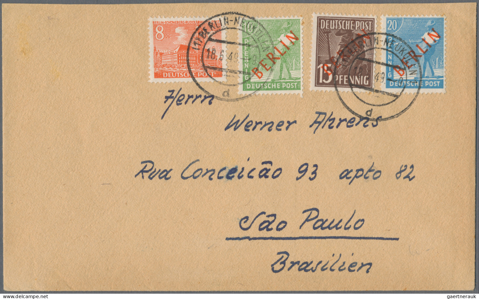 Berlin: 1949, Partie Von 14 Briefen/Karten Mit Frankaturen Rotaufdruck, Dabei Mi - Lettres & Documents