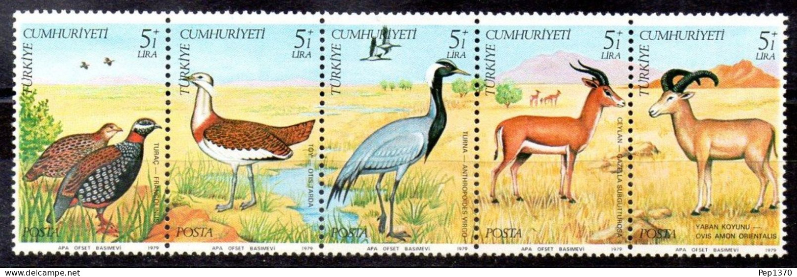 TURQUIA 1979 - TURKEY - AVES - PAJAROS Y GACELAS - YVERT 2270/2274** EN TIRA - Autres & Non Classés