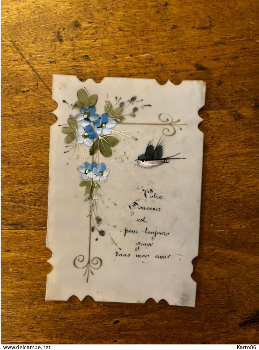 Carte Fantaisie Ancienne Celluloïde * Votre Souvenir Est Pour Toujours Gravé ... ! * Fleurs Flowers Oiseau Bird * Peinte - Autres & Non Classés