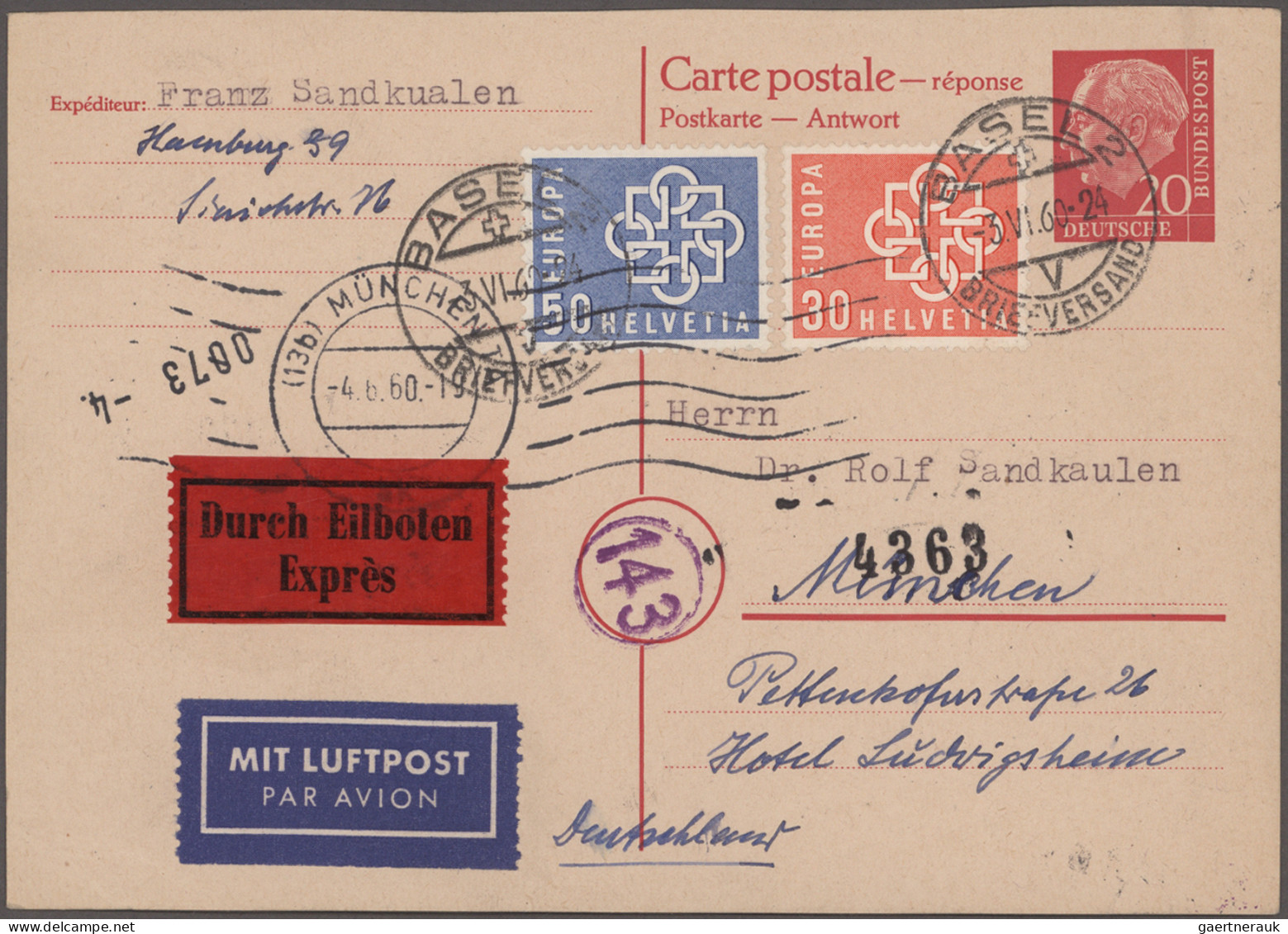 Bundesrepublik - Ganzsachen: 1960/1965, Antwortkarte 20 Pfg. Heuss, Drei Gebrauc - Autres & Non Classés