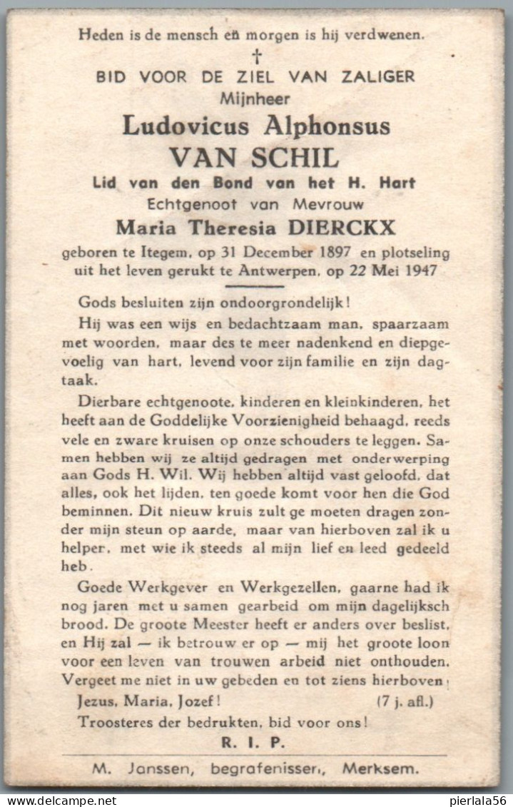 Bidprentje Itegem - Van Schil Ludovicus Alphonsus (1897-1947) - Andachtsbilder