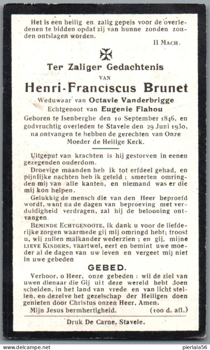 Bidprentje Izenberge - Brunet Henri Franciscus (1846-1930) - Andachtsbilder