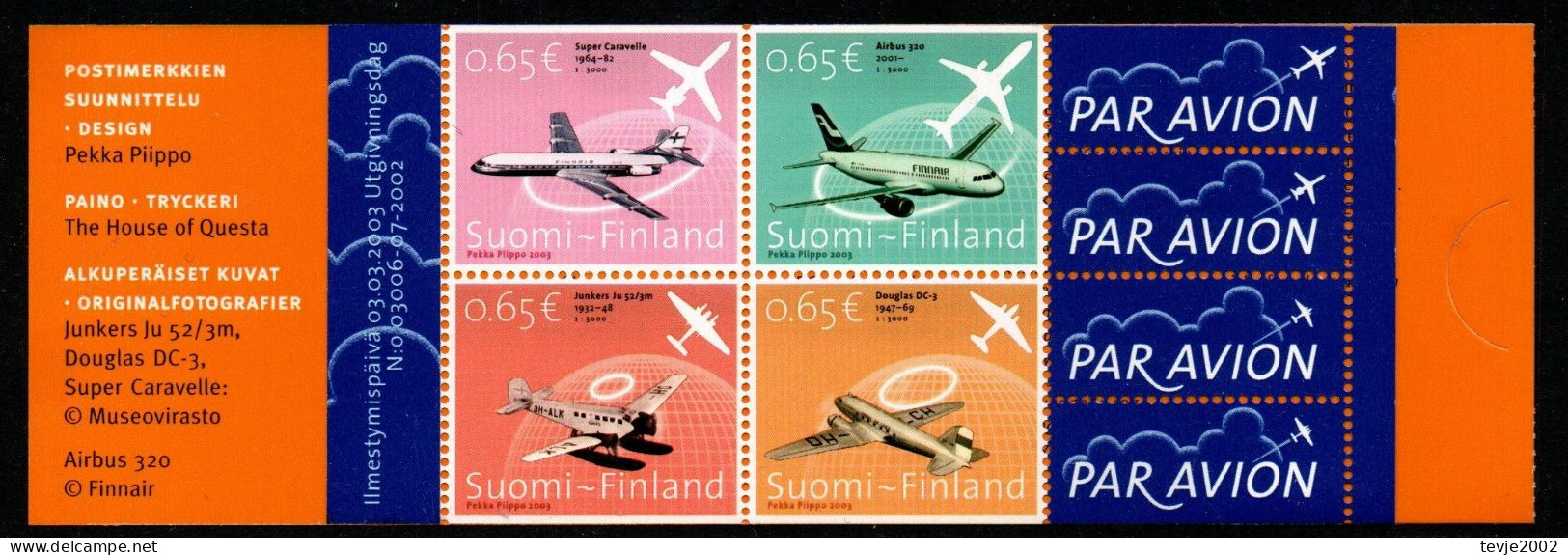 Finnland Suomi 2003 - Mi.Nr. 1641 - 1644 MH 64 - Postfrisch MNH - Flugzeuge Airplanes - Avions