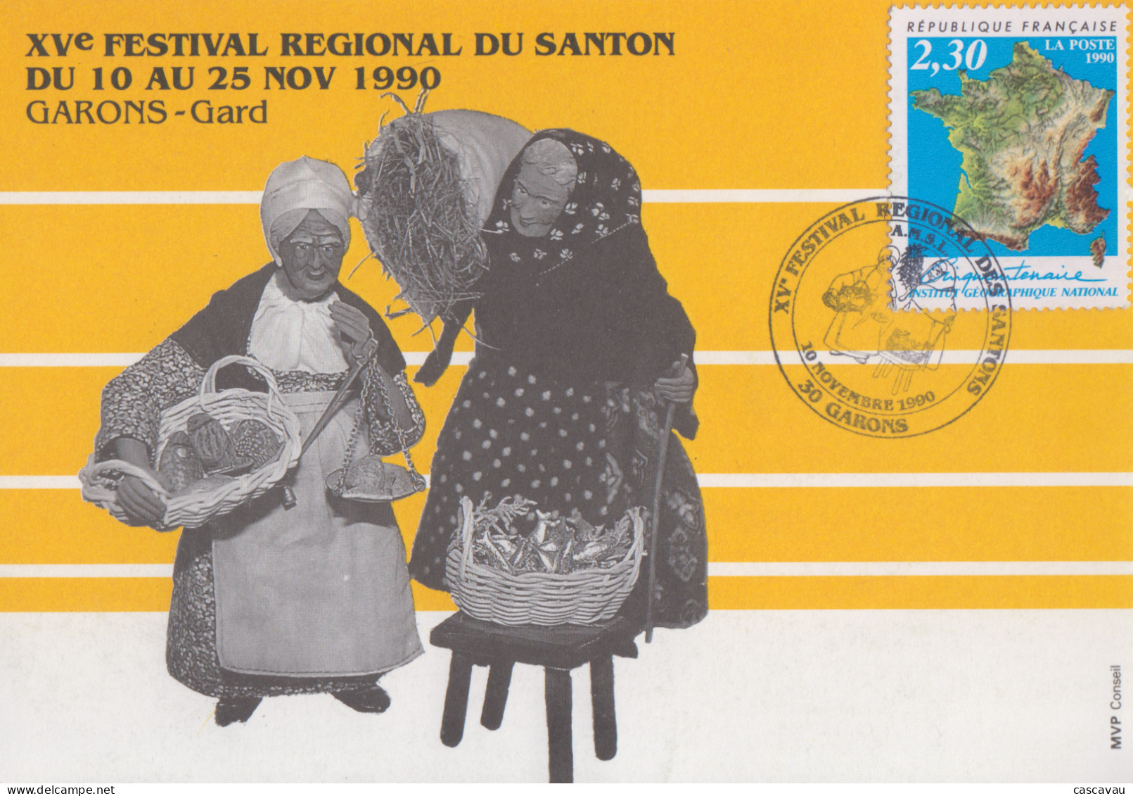 Carte   FRANCE    XVéme  Festival   Régional   Du   Santon     GARONS   1990 - Cachets Commémoratifs