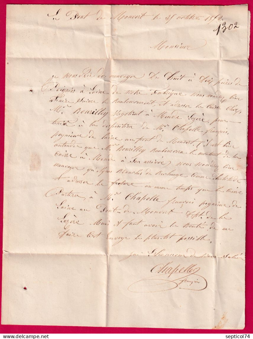 CURSIVE 46 LE PONT DE MONTVERT LOZERE CAD TYPE 15 FLORAC POUR LILLE NORD 1852 INDICE 18 LETTRE - 1801-1848: Precursors XIX