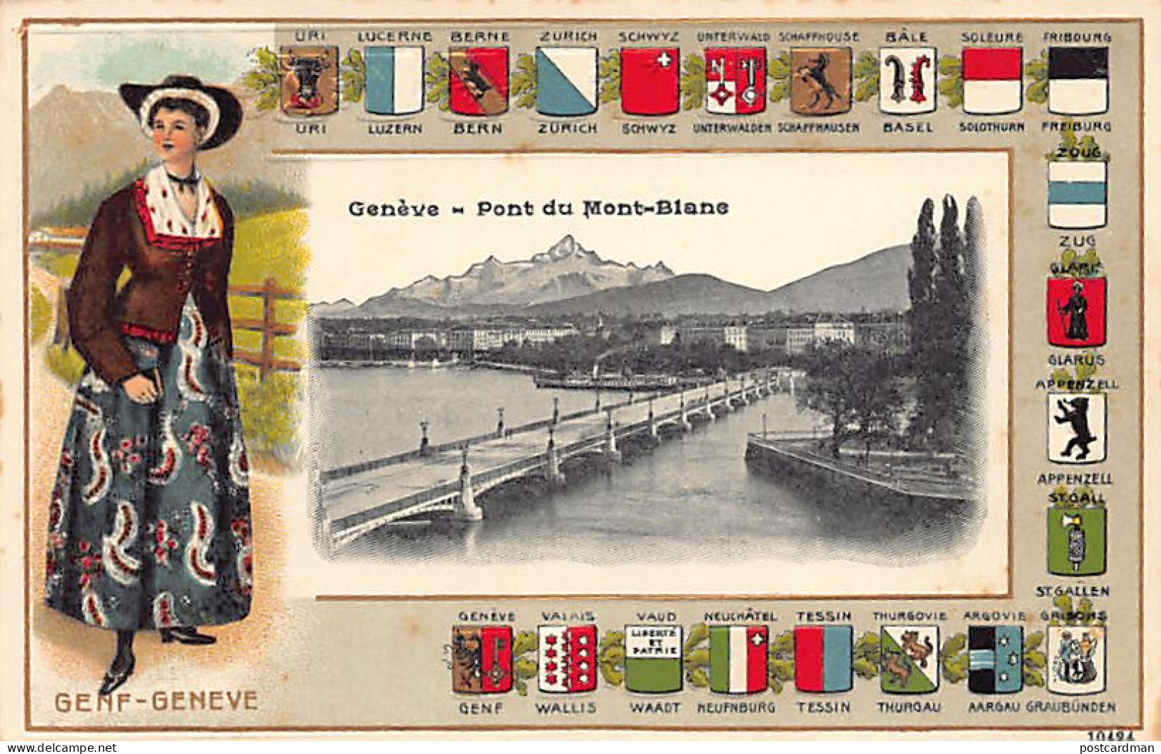 Suisse - Genève - Pont Du Mont-Blanc - Ecussons Cantons Suisses - Genevoise En Costume - Ed. H.Guggenheim 10424 - Genève