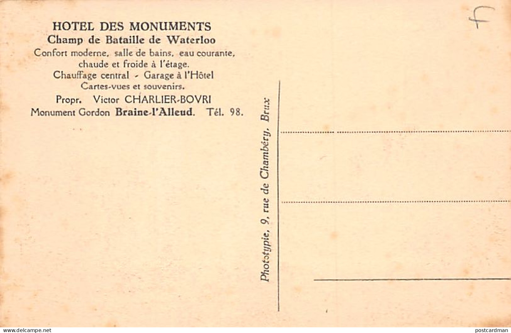 BRAINE L'ALLEUD (Br. W.) Hôtel Des Monuments - Champ De Bataille De Waterloo - Victor Charlier-Bovri - Braine-l'Alleud