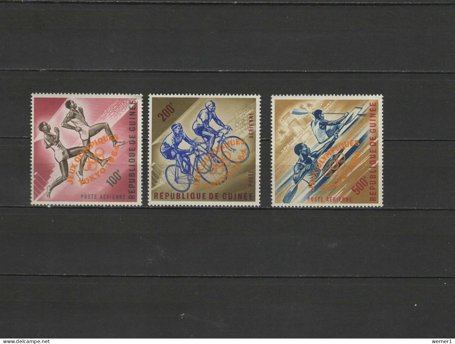 Guinea 1964 Olympic Games Tokyo, Athletics, Cycling, Kayaking Set Of 3 With Orange Overprint MNH - Ete 1964: Tokyo