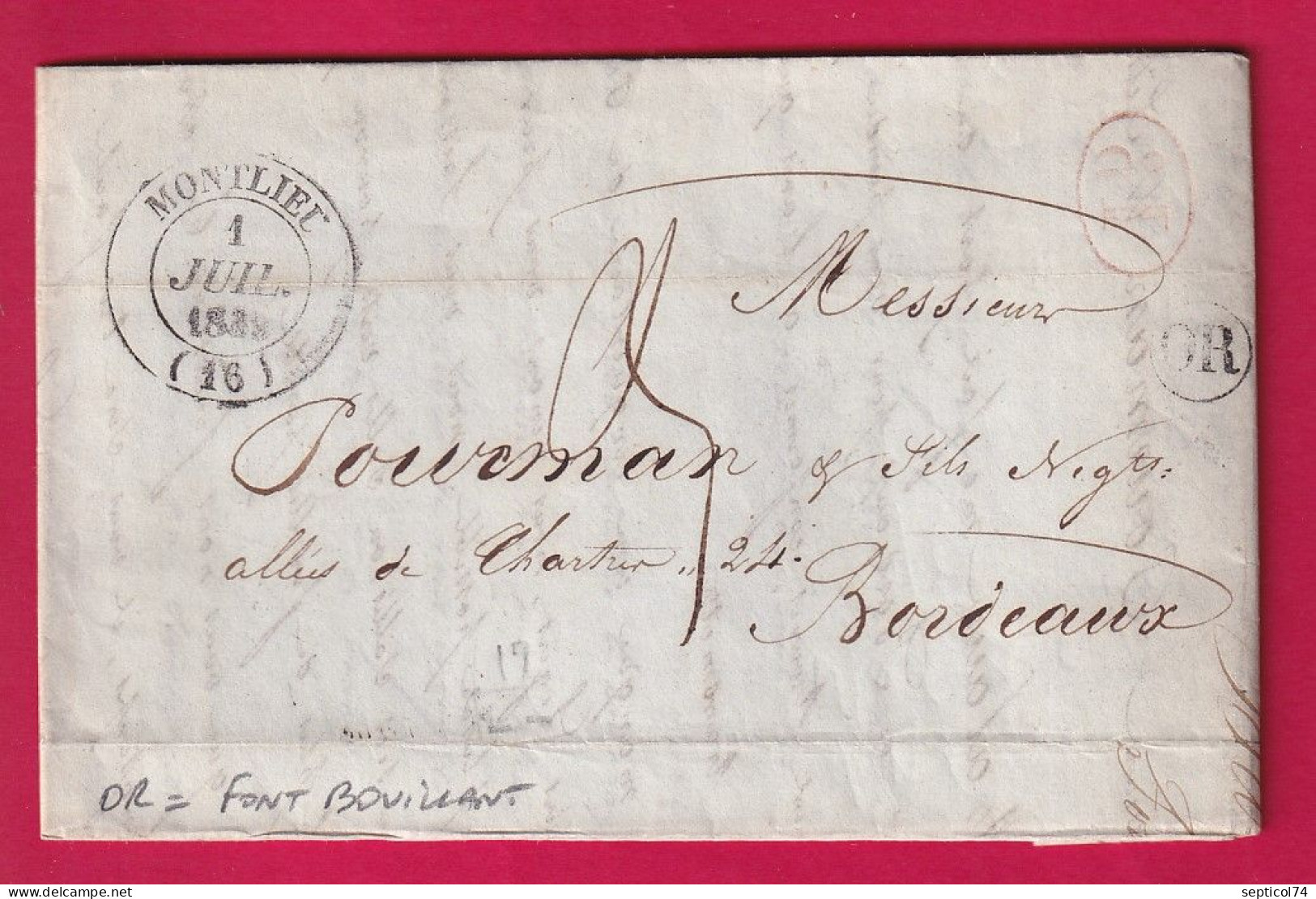 CAD TYPE 14 MONTLIEU CHARENTE INFERIEURE OR FONT BOUILLANT DECIME RURAL POUR BORDEAUX 1839 LETTRE - 1801-1848: Précurseurs XIX