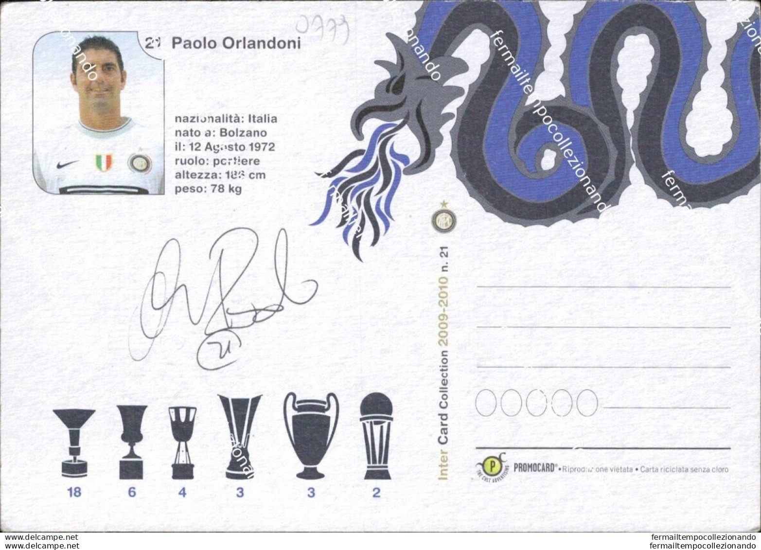 O779 Cartolina  Postcard  Ufficiale Inter Paolo Orlandoni - Football