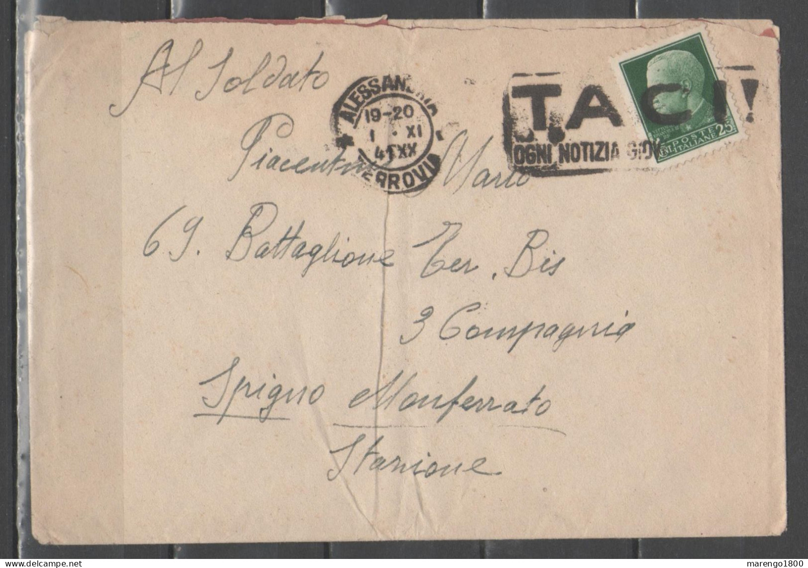 ITALIA 1941 - Lettera Con Annullo Targhetta Taci! - Alessandria          (g9689) - Marcophilie