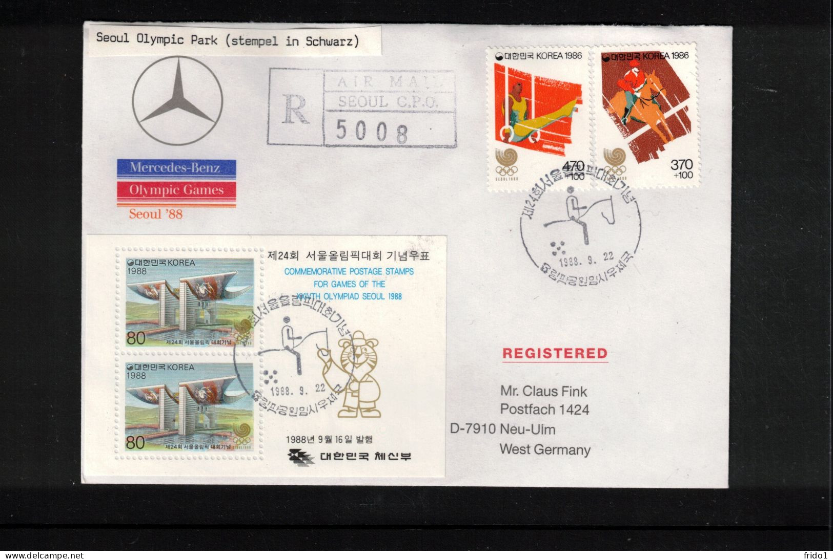 South Korea 1988 Olympic Games Seoul - Olympic Park Seoul Black Postmark Interesting Registered Letter - Ete 1988: Séoul