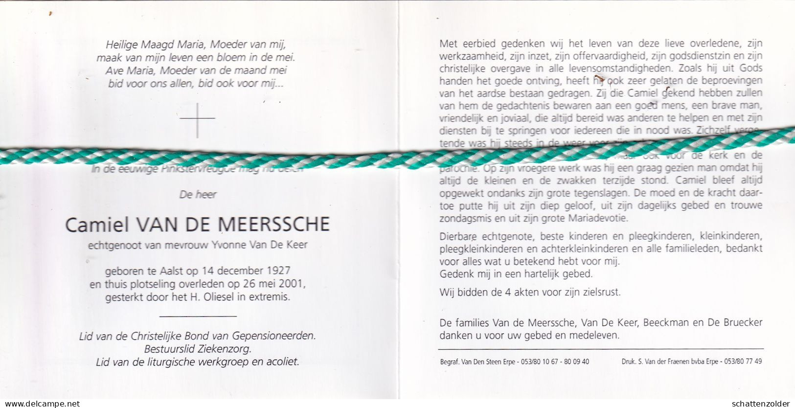Camiel Van De Meerssche-Van De Keer, Aalst 1927, 2001. Foto - Todesanzeige