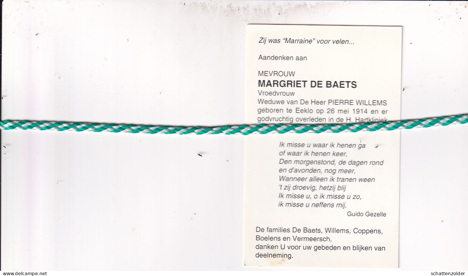 Margriet De Baets-Willems, Eeklo 1914, 1992. Vroedvrouw. Foto - Todesanzeige