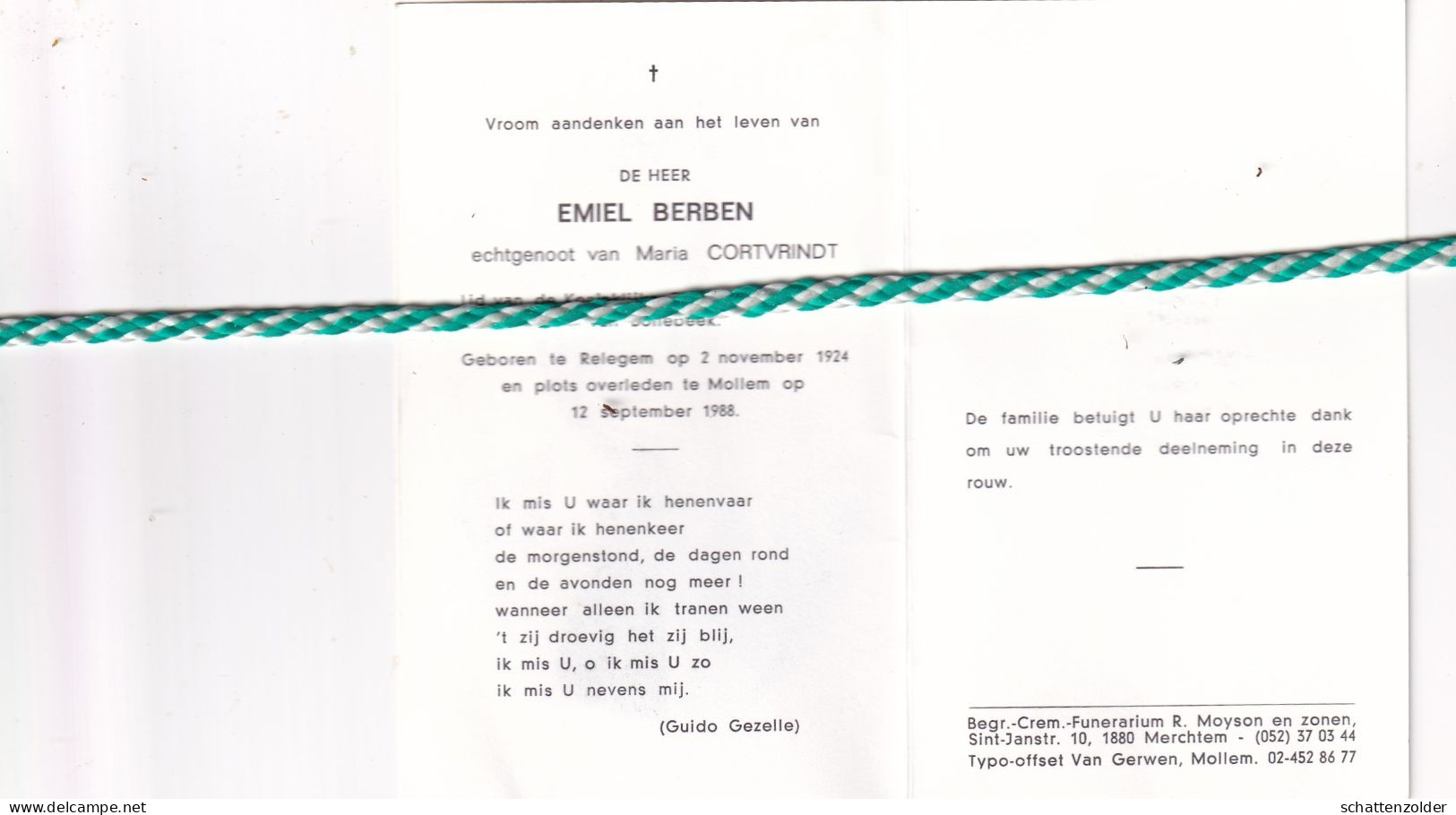 Emiel Berben-Cortvrindt, Relegem 1924, Mollem 1988. Foto - Overlijden