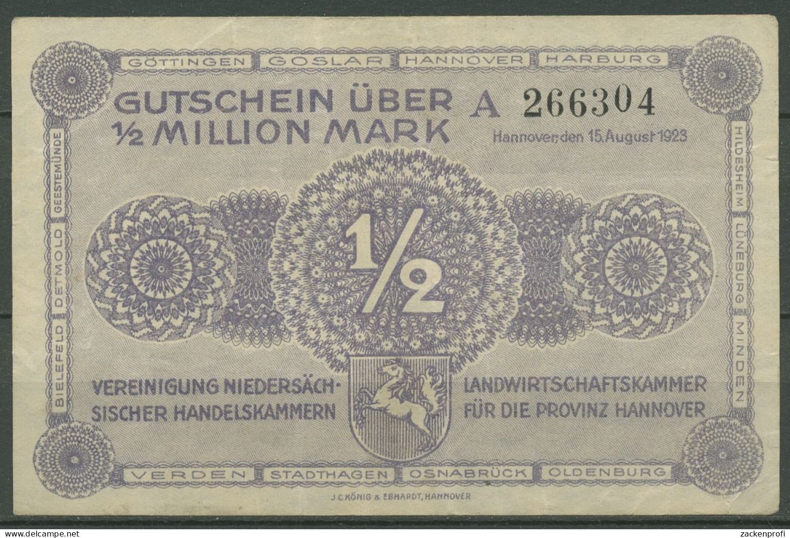 Hannover Kammern 1/2 Million Mark 1923, Keller 2169 A, Gebraucht (K1195) - Autres & Non Classés