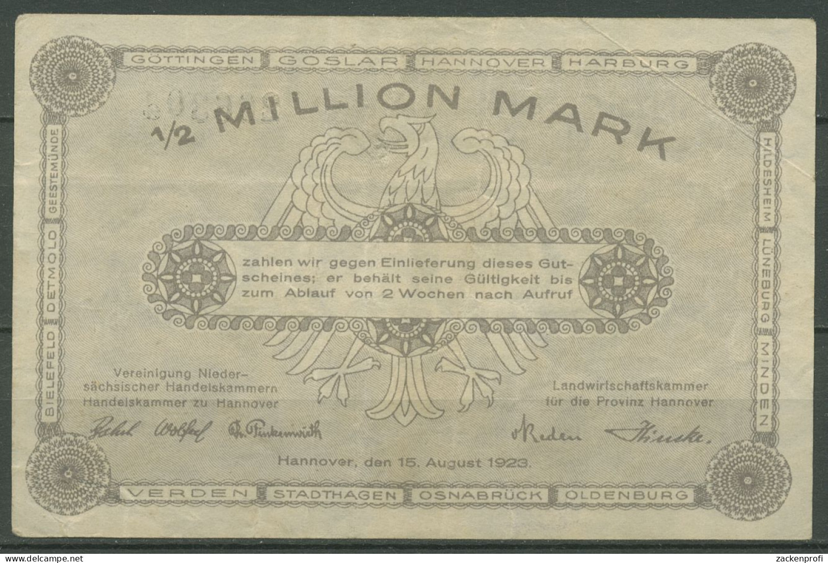 Hannover Kammern 1/2 Million Mark 1923, Keller 2169 A, Gebraucht (K1195) - Autres & Non Classés