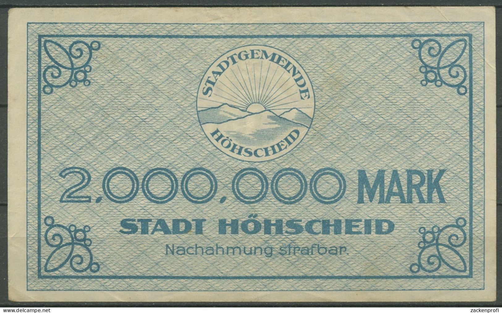 Höhscheid 2 Millionen Mark 1923, Keller 2396 A, Gebraucht (K1129) - Autres & Non Classés