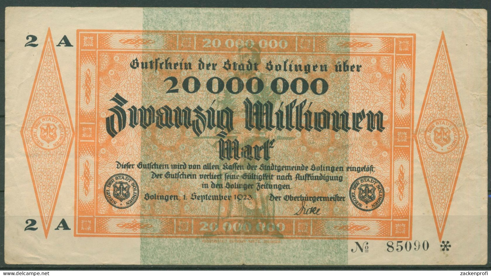 Solingen 20 Millionen Mark 1923, Keller 4809 G, Gebraucht (K1191) - Autres & Non Classés