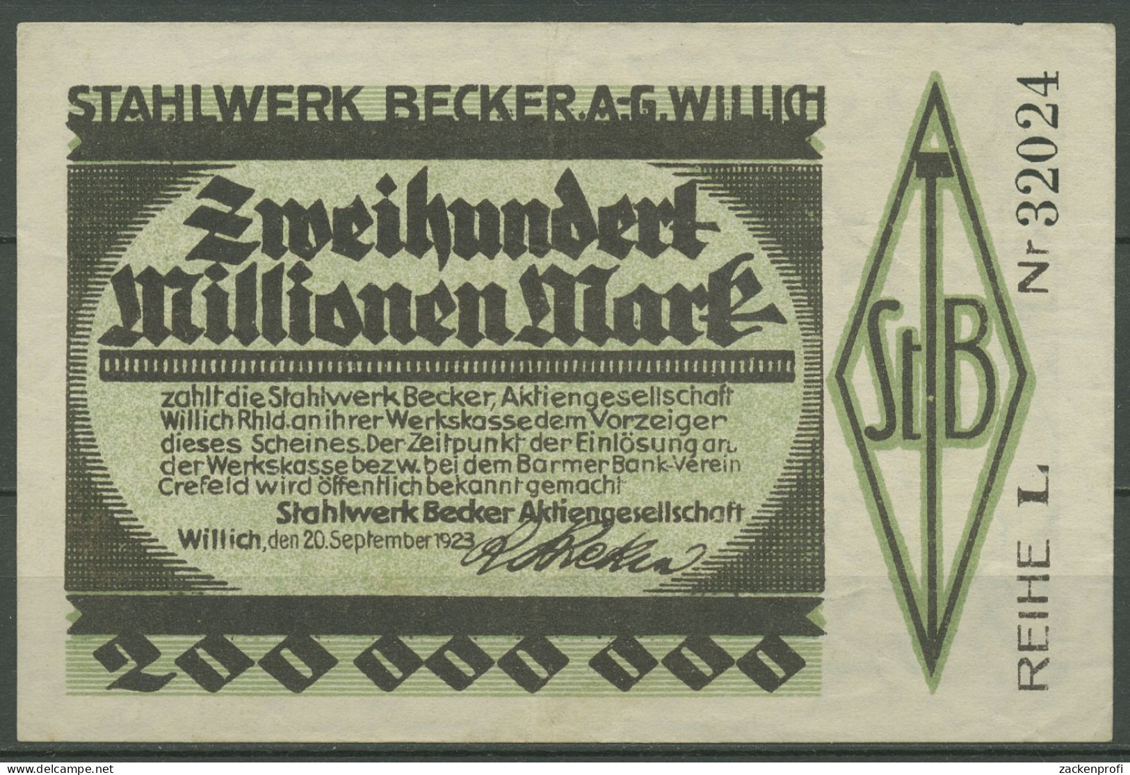 Willich Stahlwerk Becker 200 Mio Mark 1923, Keller 5636 Bb, Gebraucht (K1206) - Autres & Non Classés