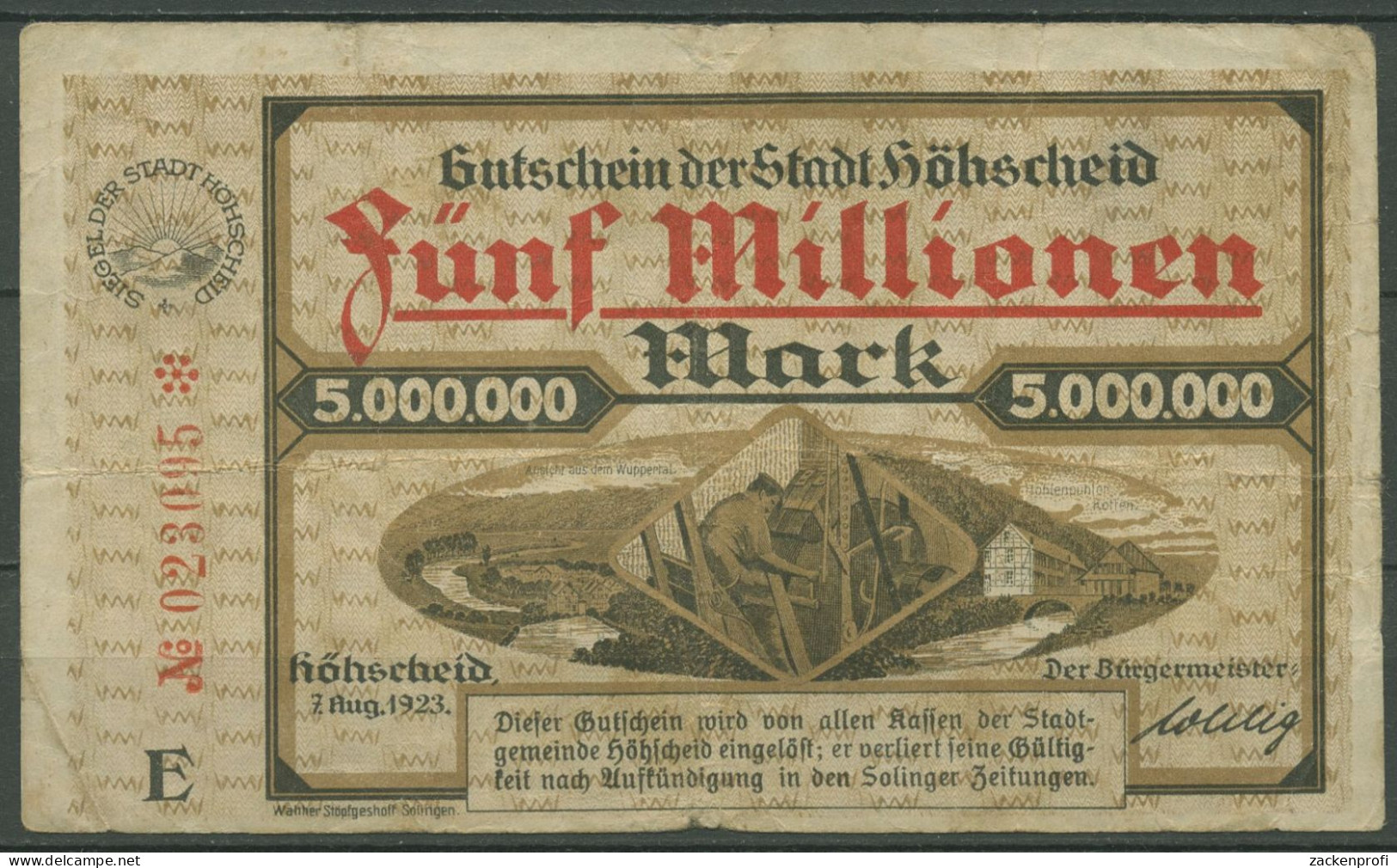 Höhscheid 5 Millionen Mark 1923, Keller 2396 A, Gebraucht (K1128) - Autres & Non Classés