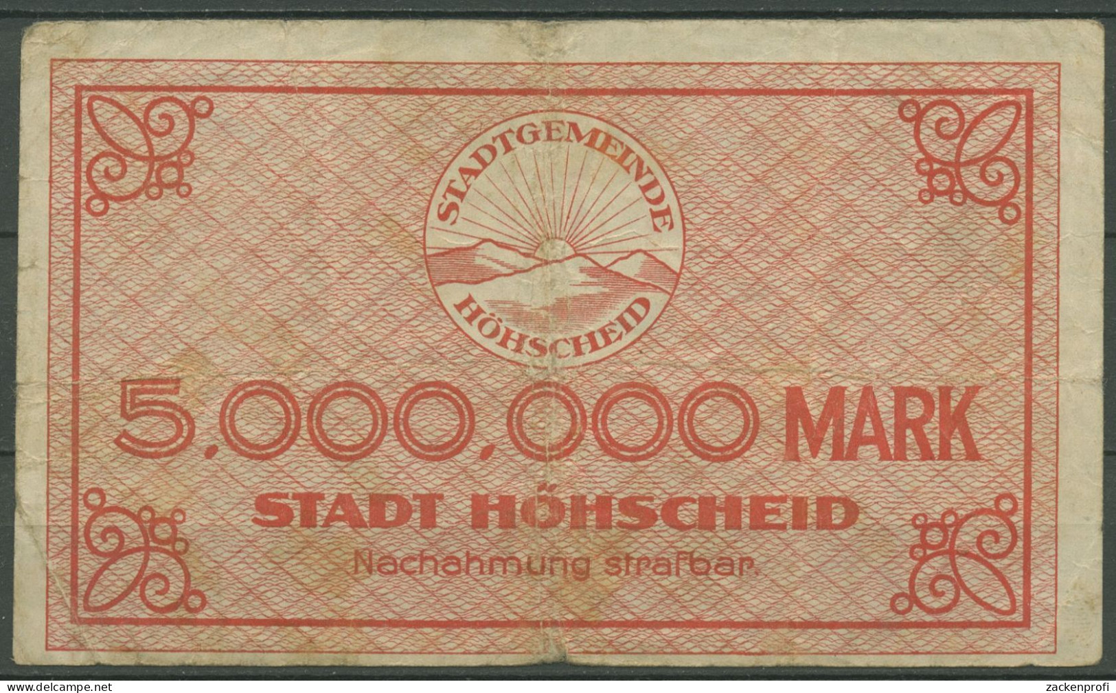 Höhscheid 5 Millionen Mark 1923, Keller 2396 A, Gebraucht (K1128) - Autres & Non Classés