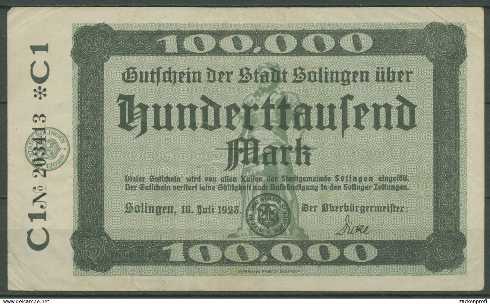 Solingen 100000 Mark 1923, Keller 4809 A, Gebraucht (K1189) - Autres & Non Classés