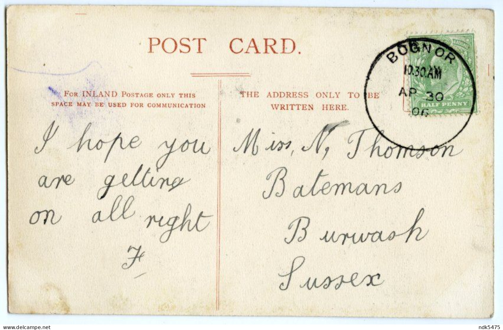 A SOU'WESTER AT BOGNOR / SKELETON POSTMARK / BURWASH, BATEMANS (THOMSON) - Bognor Regis