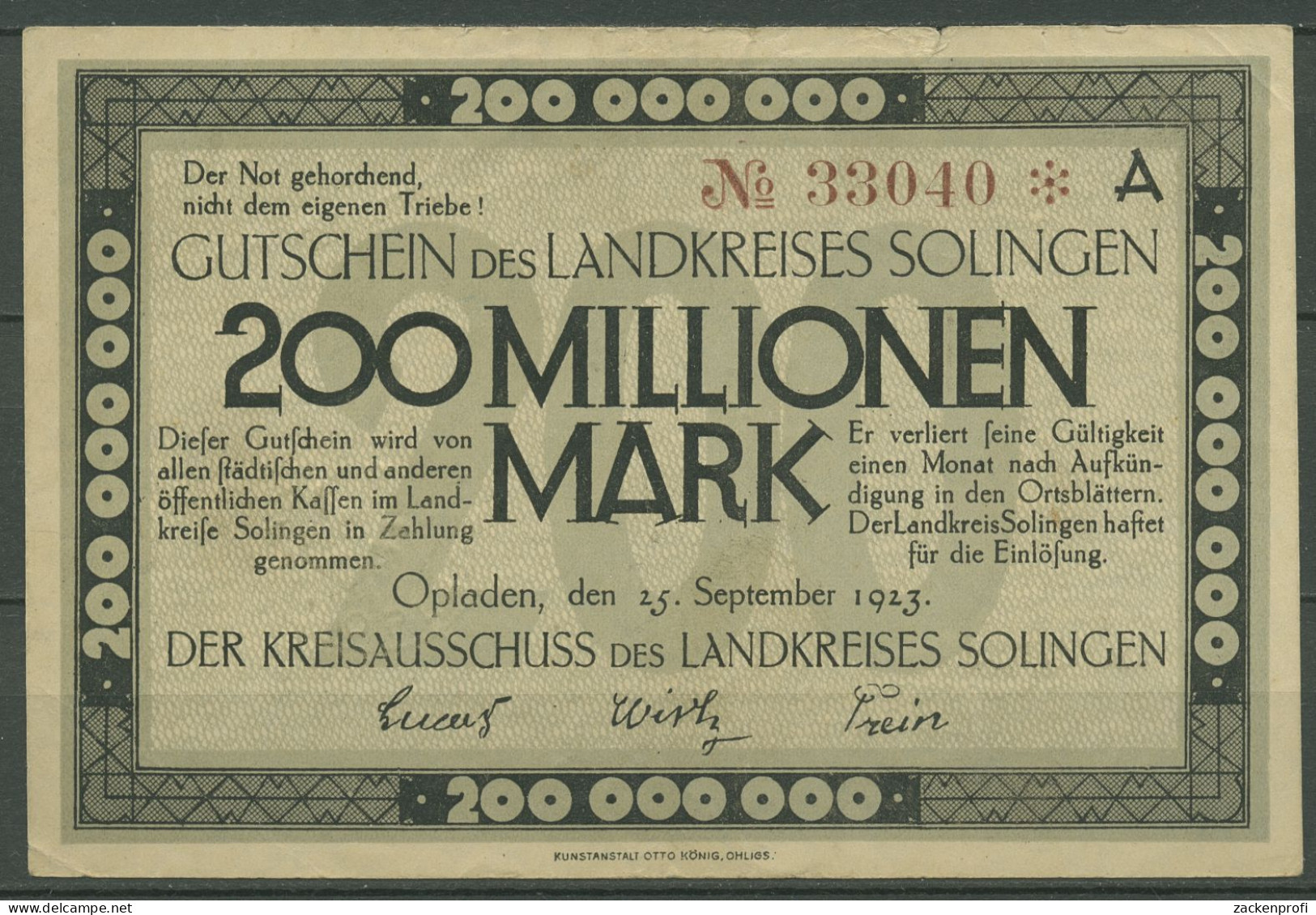 Solingen Kreis 200 Millionen Mark 1923, Keller 4812 I, Gebraucht (K1199) - Autres & Non Classés