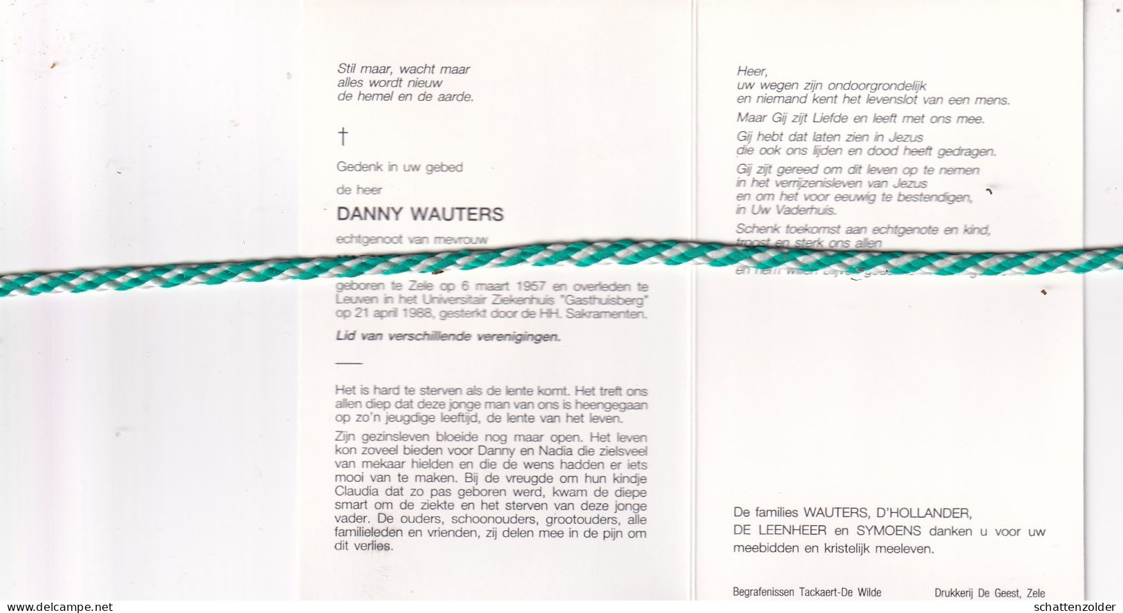 Danny Wauters-D'Hollander, Zele 1957, Leuven 1988. Foto - Overlijden