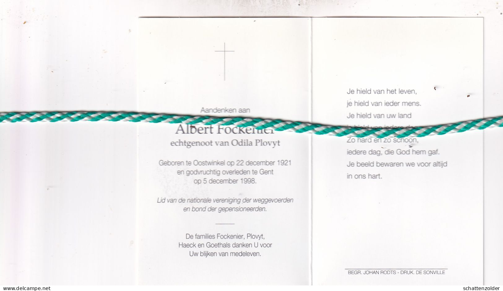 Albert Fockenier-Plovyt, Oostwinkel 1921, Gent 1998. Foto - Overlijden
