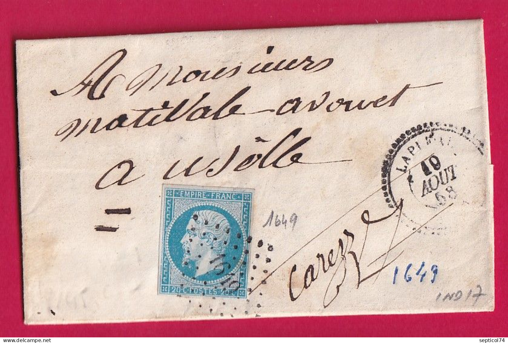 N°14 PC 1649 LAPLEAU  CORREZE CAD TYPE 22 INDICE 17 POUR USSEL LETTRE - 1849-1876: Période Classique