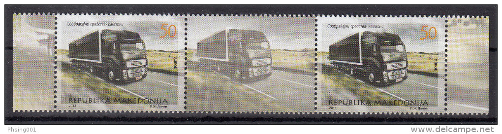 Macedonia 2014 Transportation Traffic Long Wehicles Trucks, Middle Row, 2 Stamps With Label MNH - Camions