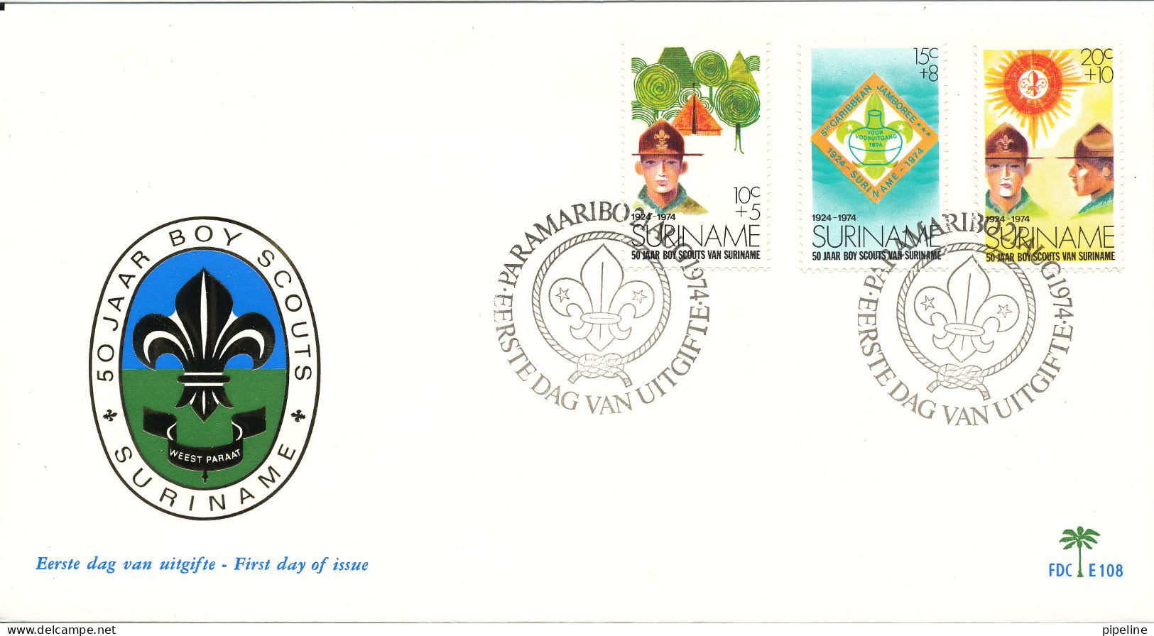 Suriname FDC 21-8-1974 Scout Scouting Complete Set Of 3 Suriname Boy Scouts 50th Anniversary With Cachet - Brieven En Documenten