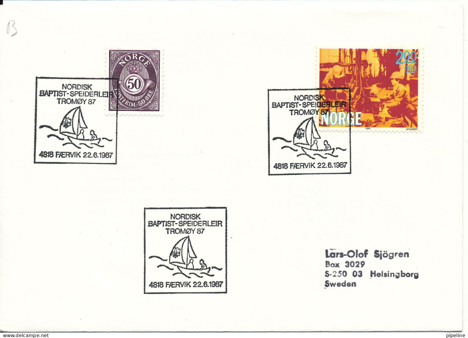 Norway Cover SCOUT SCOUTING Nordic Baptist Scout Camp Tromöy Færvik 22-6-1987 Sent To Sweden - Lettres & Documents