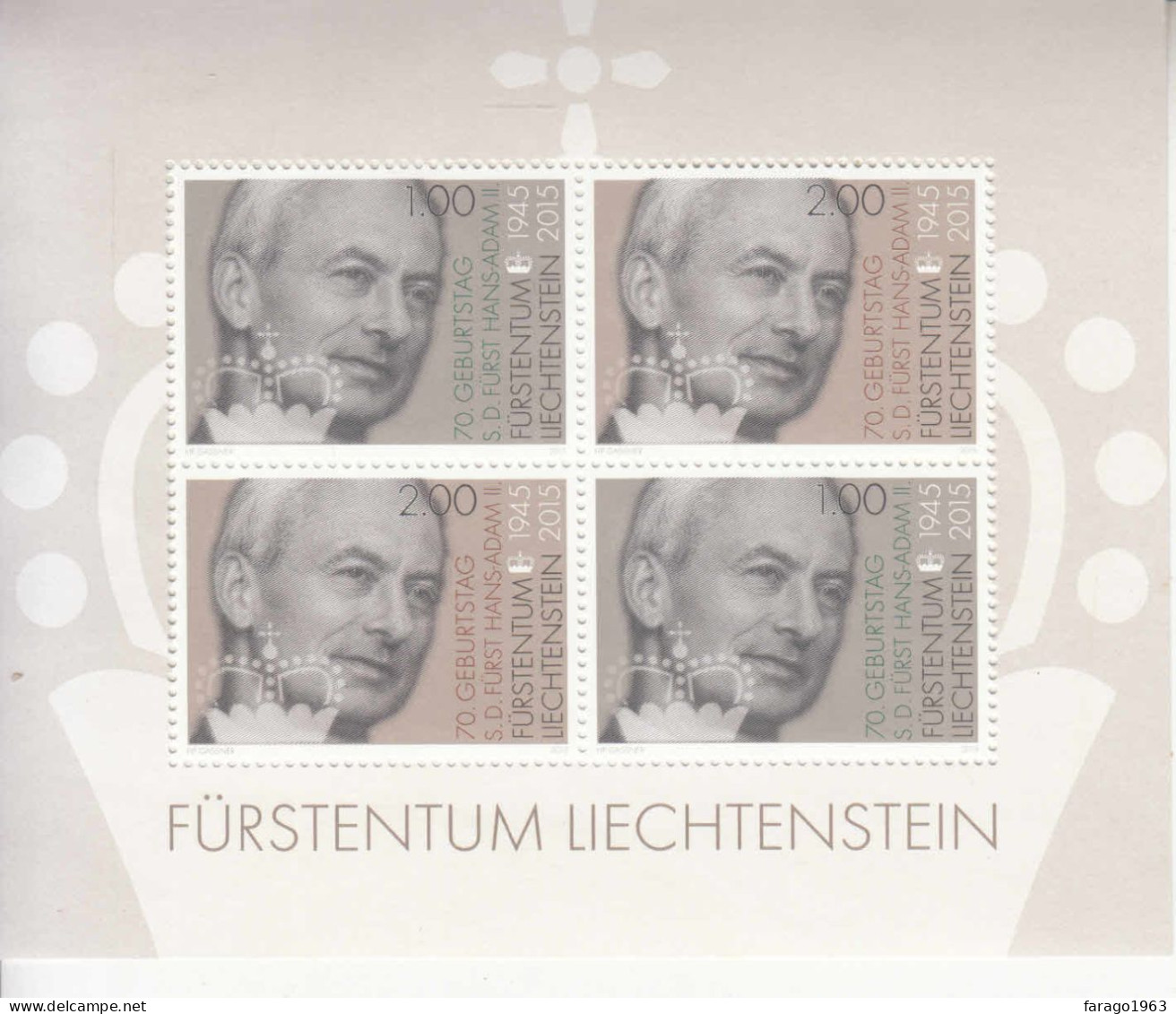 2015 Liechtenstein Prince Hans Adam Miniature Sheet Of 4 MNH  @ BELOW FACE VALUE - Neufs