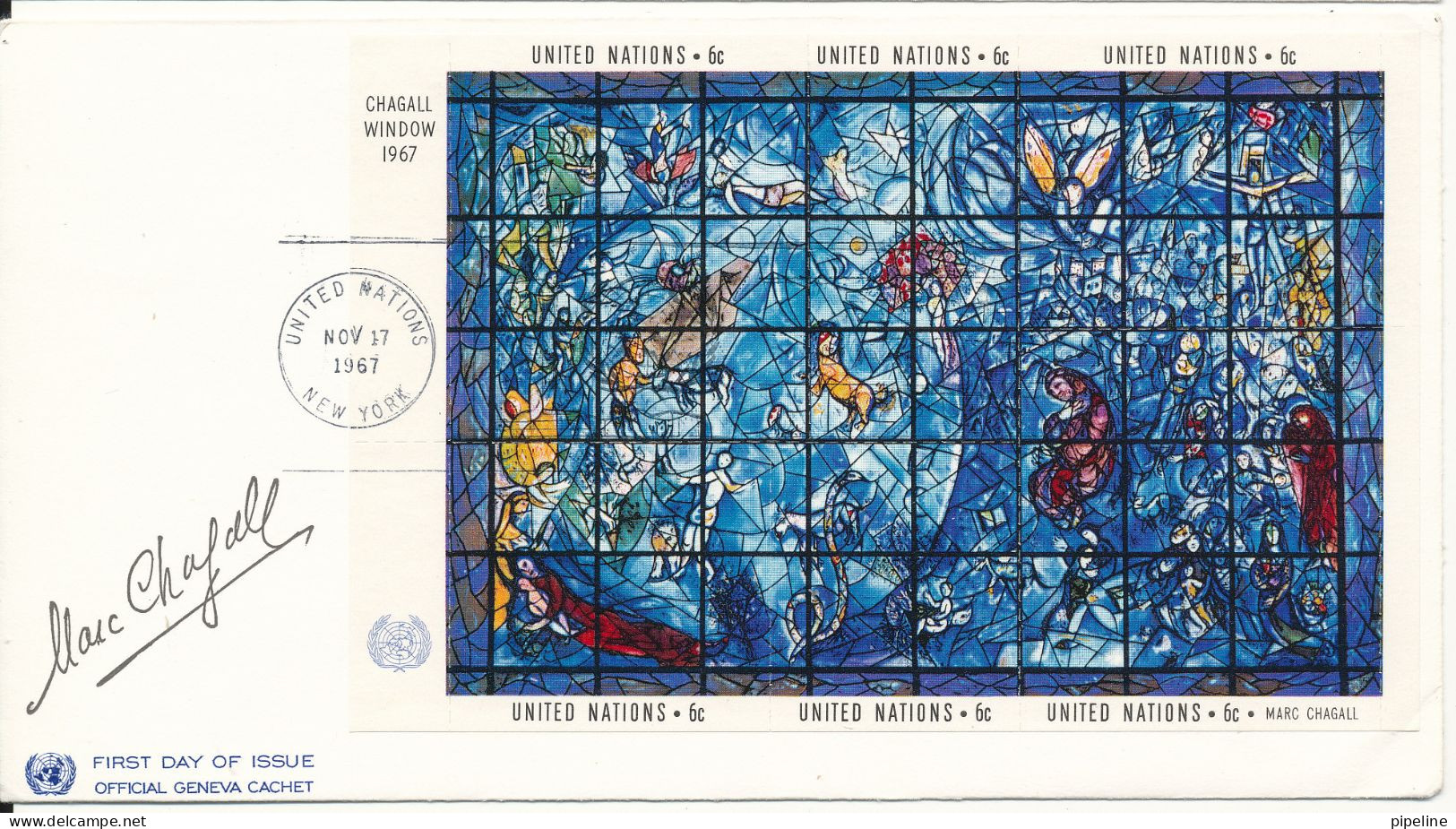 USA UN FDC CHAGALL WINDOW Minisheet With Oficial Geneva Cachet 17-11-1967 - Lettres & Documents