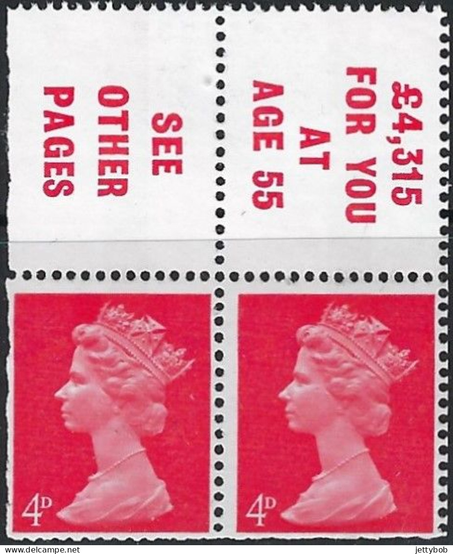 GB Pane From October 1970 2/- Booklet.  2 X 4d Machin + 2 X Labels (Sun Life) Centre Phos Band No Wmk UMM - Ungebraucht