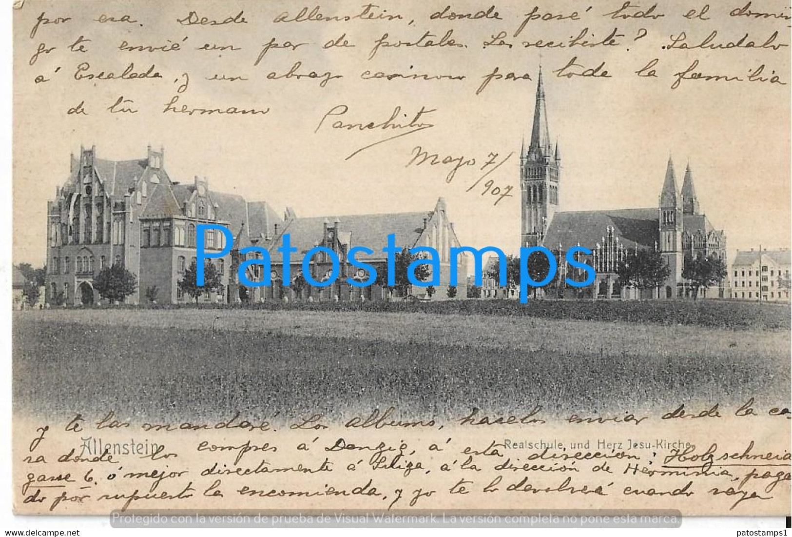 229300 POLAND ALLENSTEIN REAL SCHOOL AND HEART OF JESUS CHURCH CIRCULATED TO GERMANY POSTAL POSTCARD - Polen