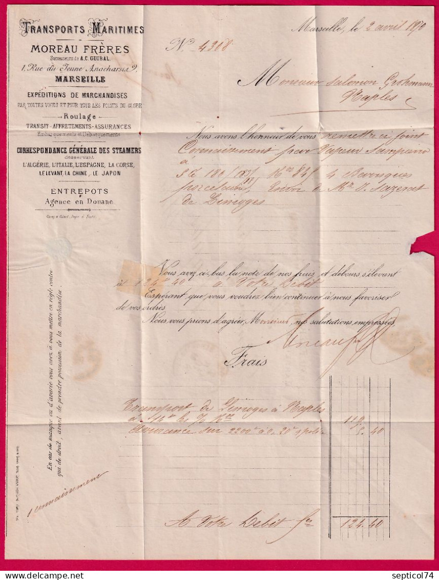 N°31 OBLIT GRILLE DE NAPLES + GRIFFE PIROSCAFI MERCANTILI ESTERO SUR LETTRE DE 1870 SIGNE MENOZZI DEPART MARSEILLE - 1849-1876: Période Classique
