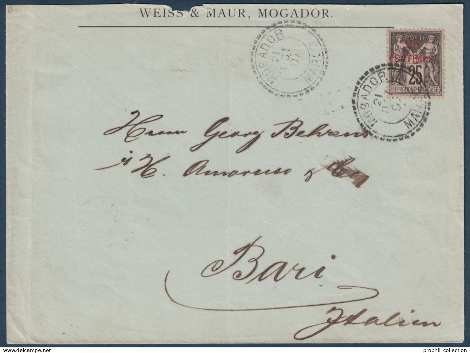 BUREAU FRANCAIS Au MAROC - TIMBRE SAGE 10c Sur ENVELOPPE CACHET 1897 De MOGADOR (INDICE 13) Pour BARI ITALIE - Lettres & Documents