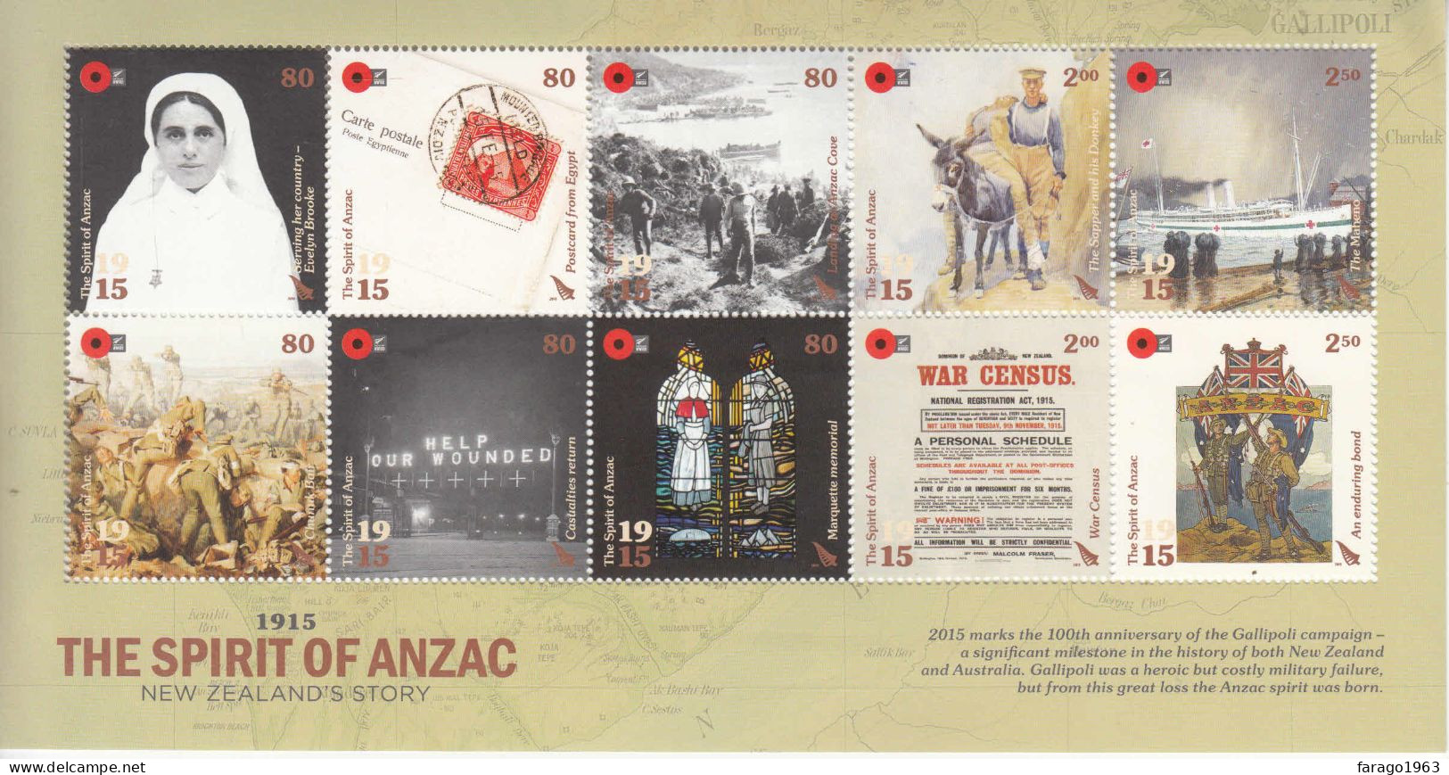 2015 New Zealand Spirit Of Anzac WWI Nurses Donkeys Miniature Sheet Of 10 MNH  @ BELOW FACE VALUE - Unused Stamps