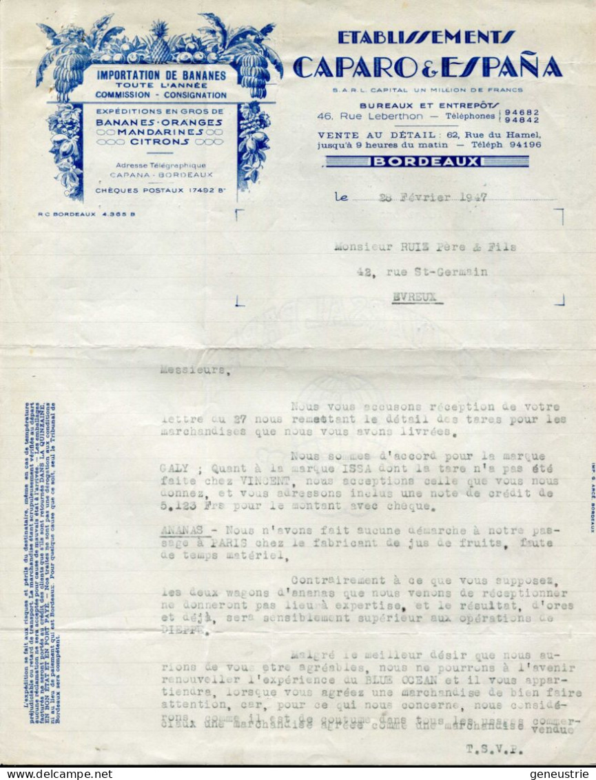 Courrier Lettre à Entête 1947 "Etablissements Caparo & Espana" Importateur De Bananes à Bordeaux - 1900 – 1949