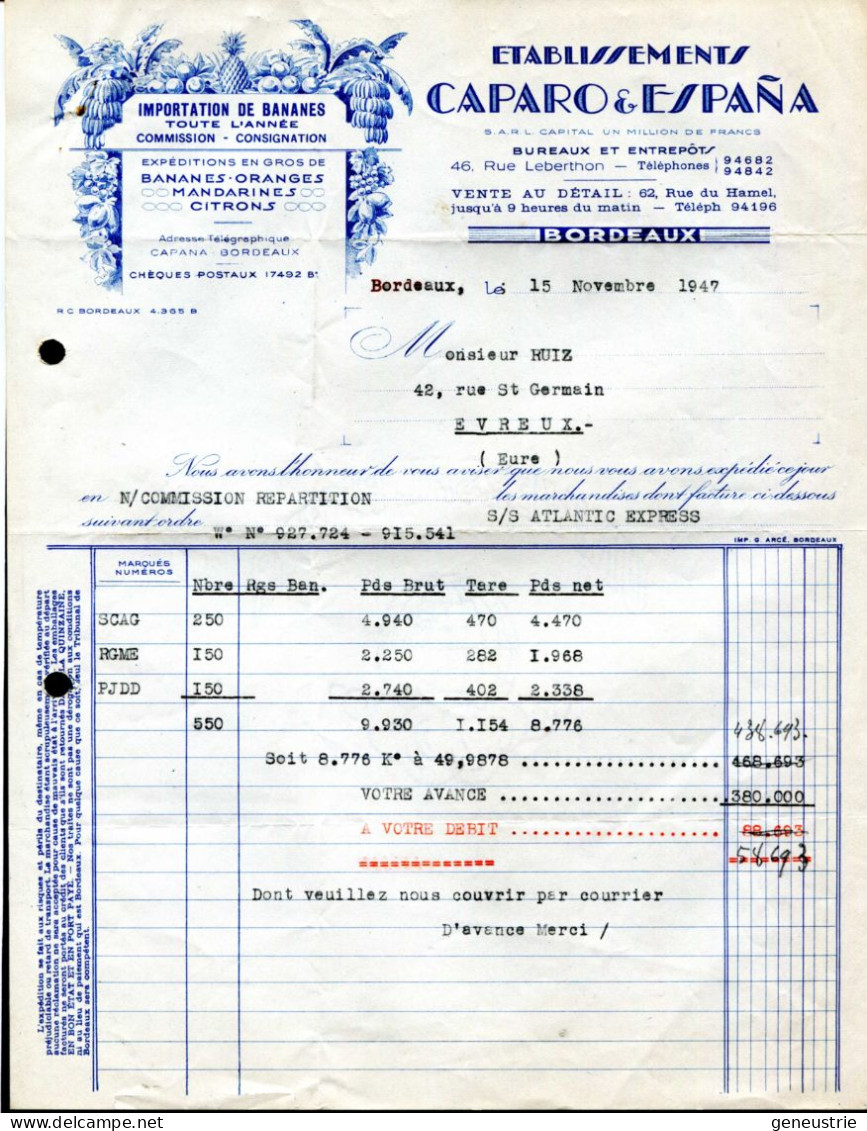 Facture Lettre à Entête 1947 "Etablissements Caparo & Espana" Importateur De Bananes à Bordeaux - 1900 – 1949