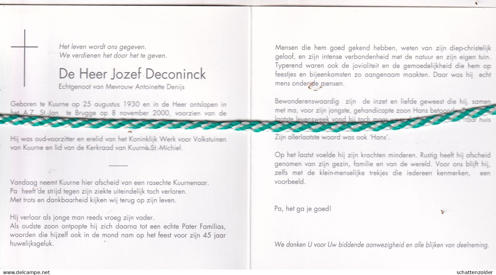 Jozef Deconinck-Denijs, Kuurne 1930, Brugge 2000. Foto - Décès