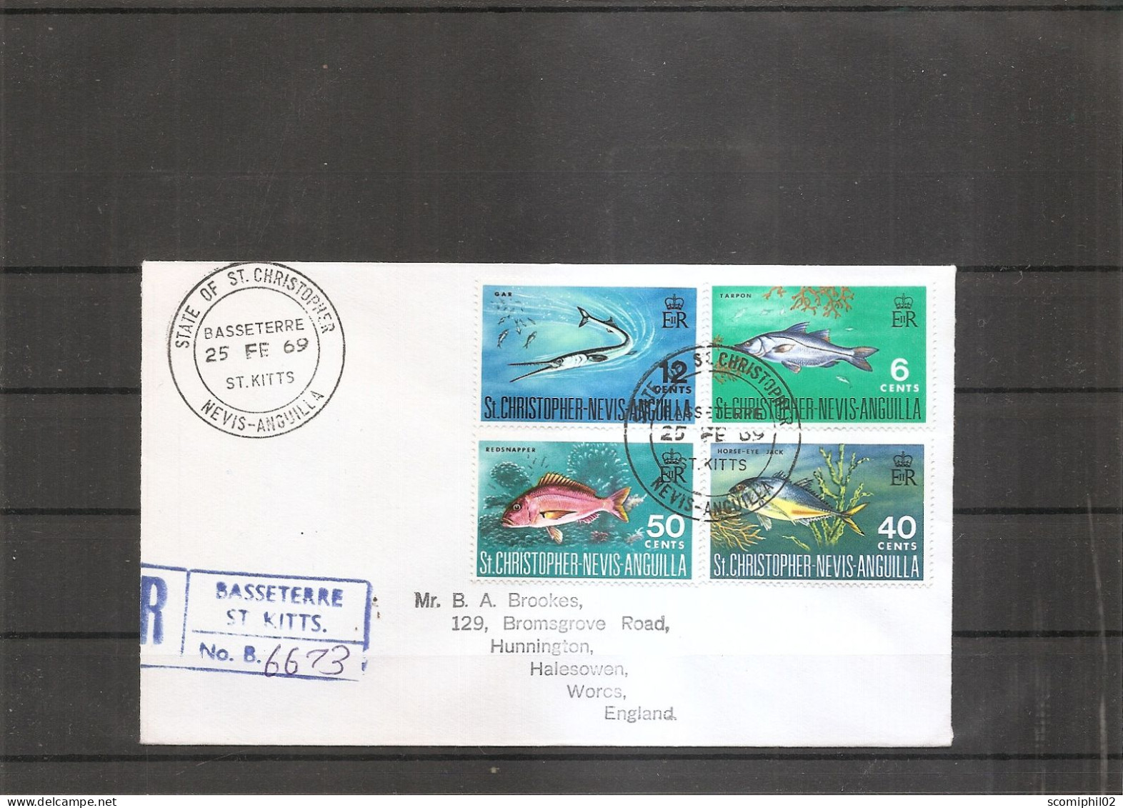 Poissons ( FDC De Saint-Christophe Voyagé E,n Recommandé De 1969 De Basseterre Vers La Grande-Bretagne à Voir) - Fishes